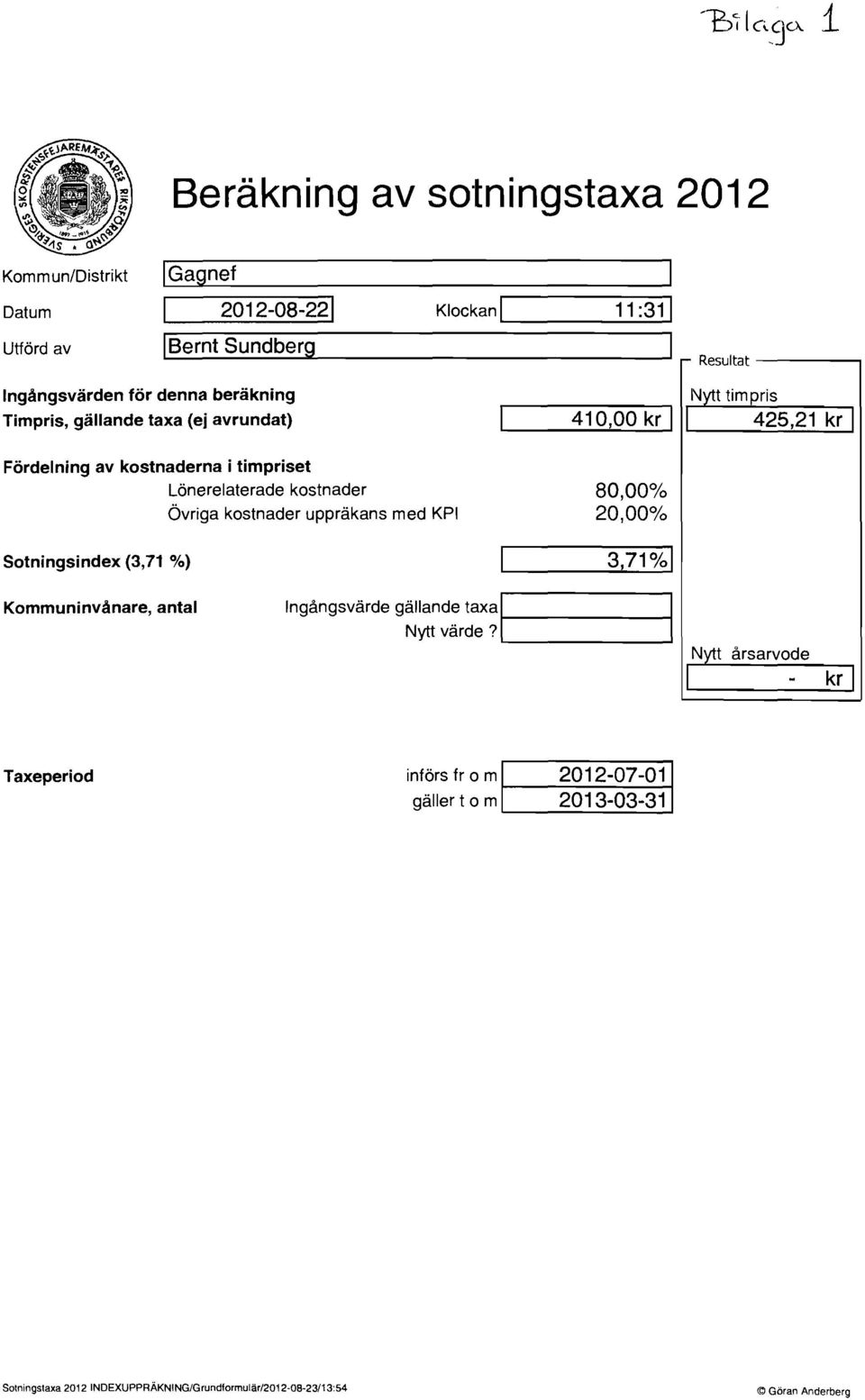 kostnader uppräkans med KPI 20,00% Sotningsindex (3,71 %) 3,71%1 Kommuninvånare, antal Ingångsvärde gällande taxa 1 _ Nytt värde?