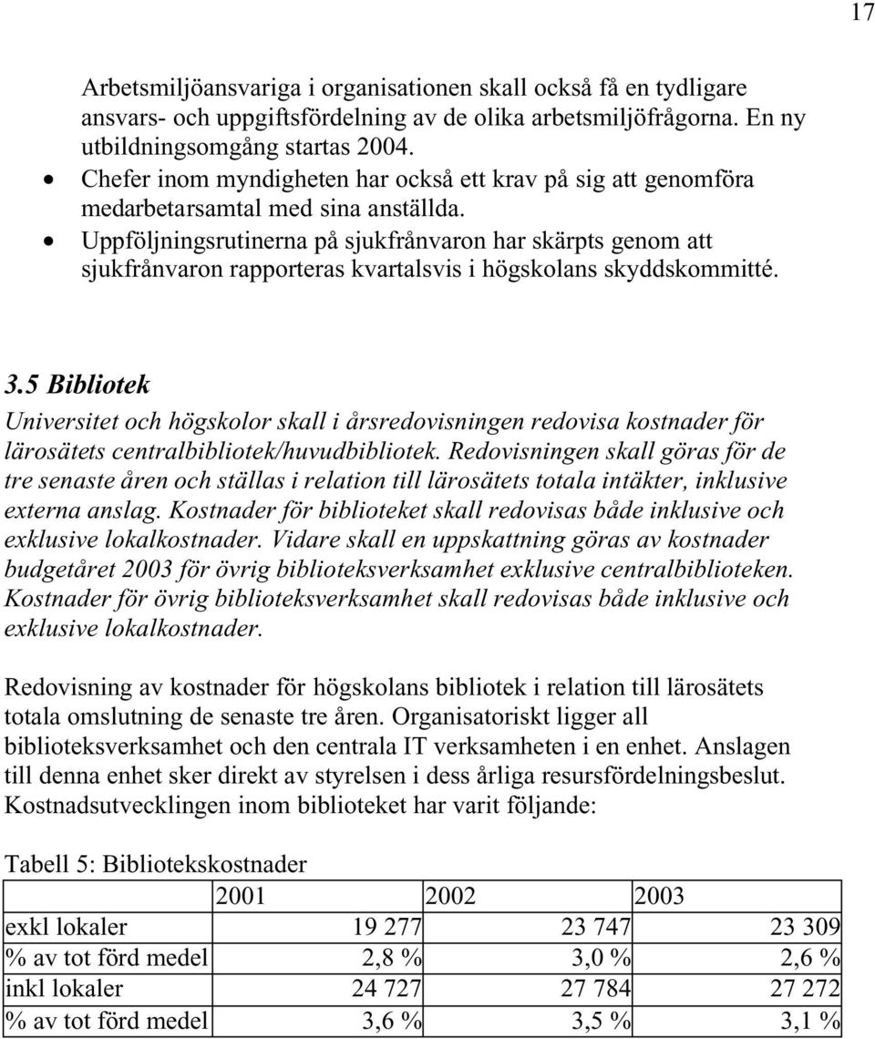 Uppföljningsrutinerna på sjukfrånvaron har skärpts genom att sjukfrånvaron rapporteras kvartalsvis i högskolans skyddskommitté. 3.