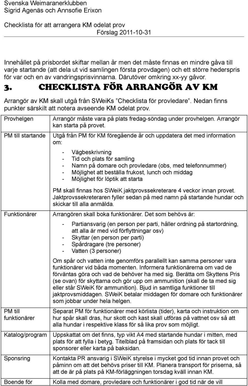 Nedan finns punkter särskilt att notera avseende KM odelat prov. Provhelgen PM till startande Arrangör måste vara på plats fredag-söndag under provhelgen. Arrangör kan starta på provet.