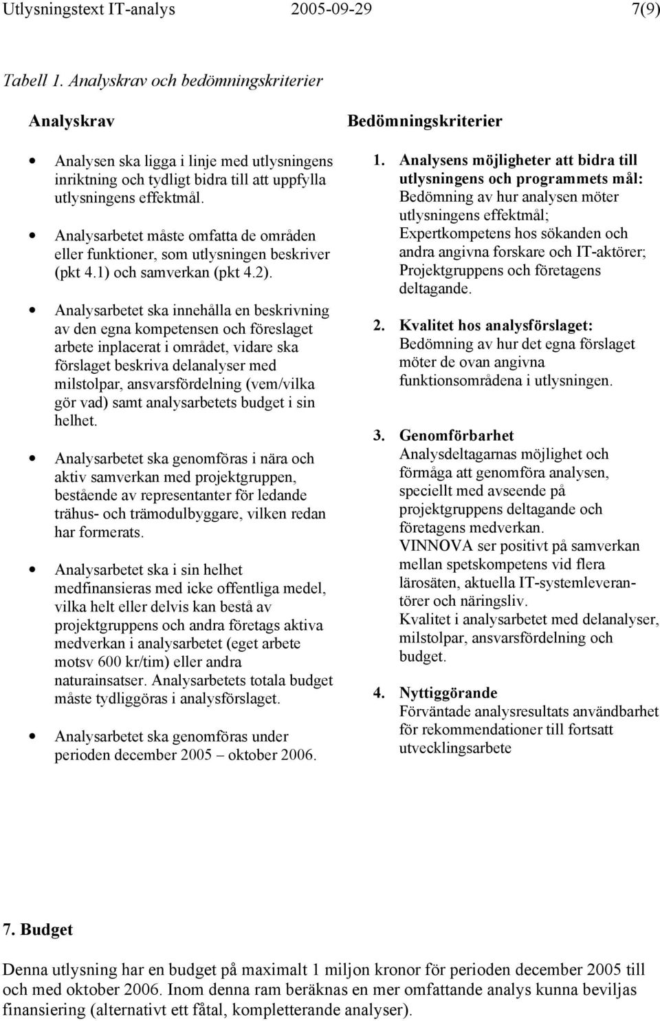 Analysarbetet måste omfatta de områden eller funktioner, som utlysningen beskriver (pkt 4.1) och samverkan (pkt 4.2).