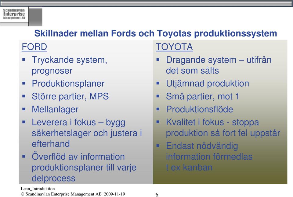 delprocess Scandinavian Enterprise Management AB 2009-11-19 6 Dragande system utifrån det som sålts Utjämnad produktion Små