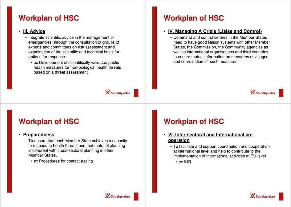 basis for options for response. ex Development of scientifically validated public health measures for non-biological health threats based on a threat assessment Workplan of HSC IV.