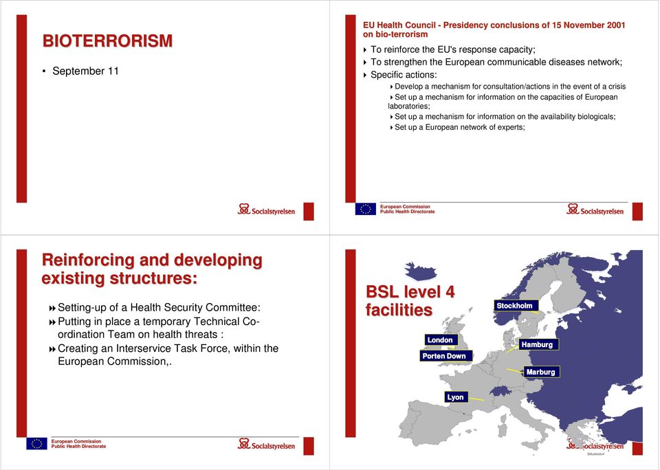 information on the availability biologicals; Set up a European network of experts; European Commission Public Health Directorate Reinforcing and developing existing structures: Setting-up of a Health