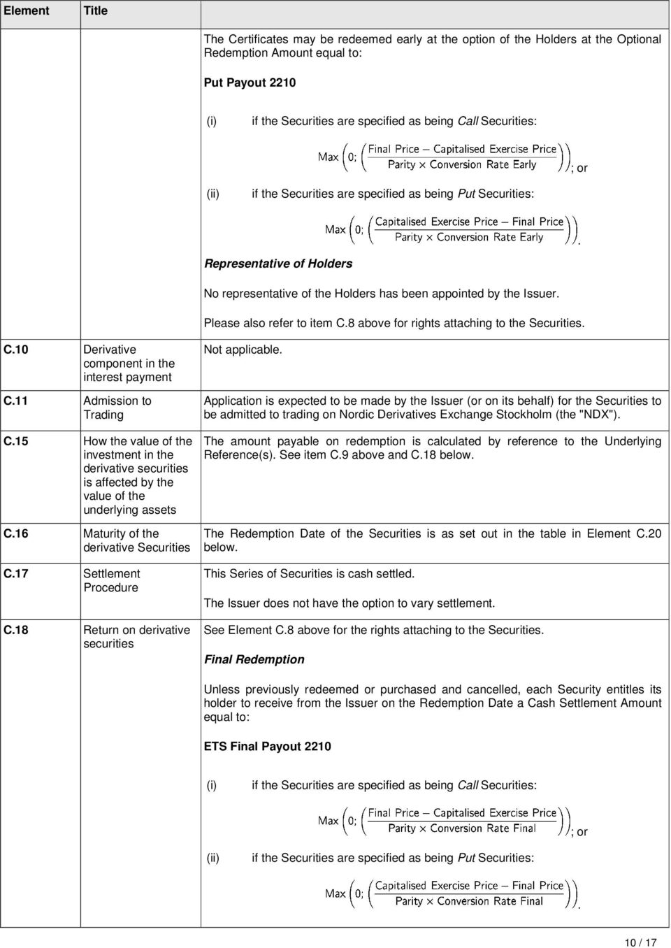 Please also refer to item C.8 above for rights attaching to the Securities. C.0 Derivative component in the interest payment C. Admission to Trading C.