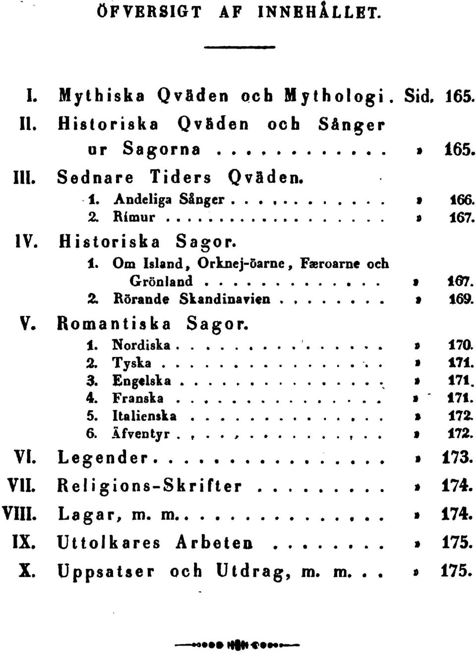 2. Rörande Skandinavien V. Romantiska Sagor. 1. Nordiska 2. Tyska. 3. Engflska 4. Franska 5. Italienska 170. 171. 171. 171. 172. 6.