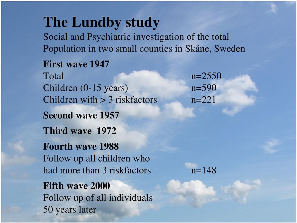 with > 3 riskfactors n=221 Second wave 1957 Third wave 1972 Fourth wave 1988 Follow up all