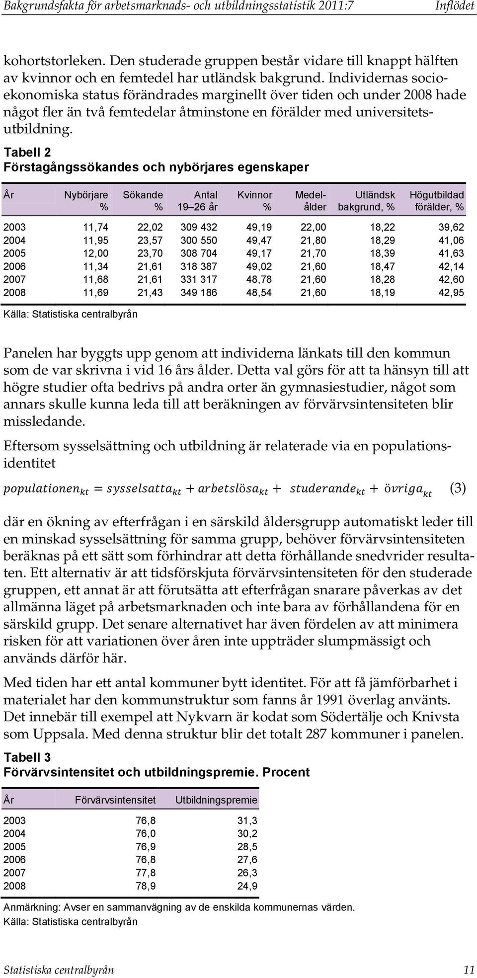 Tabell 2 Förstagångssökandes och nybörjares egenskaper År Nybörjare % Sökande % Antal 19 26 år Kvinnor % Medelålder Utländsk bakgrund, % Högutbildad förälder, % 2003 11,74 22,02 309 432 49,19 22,00