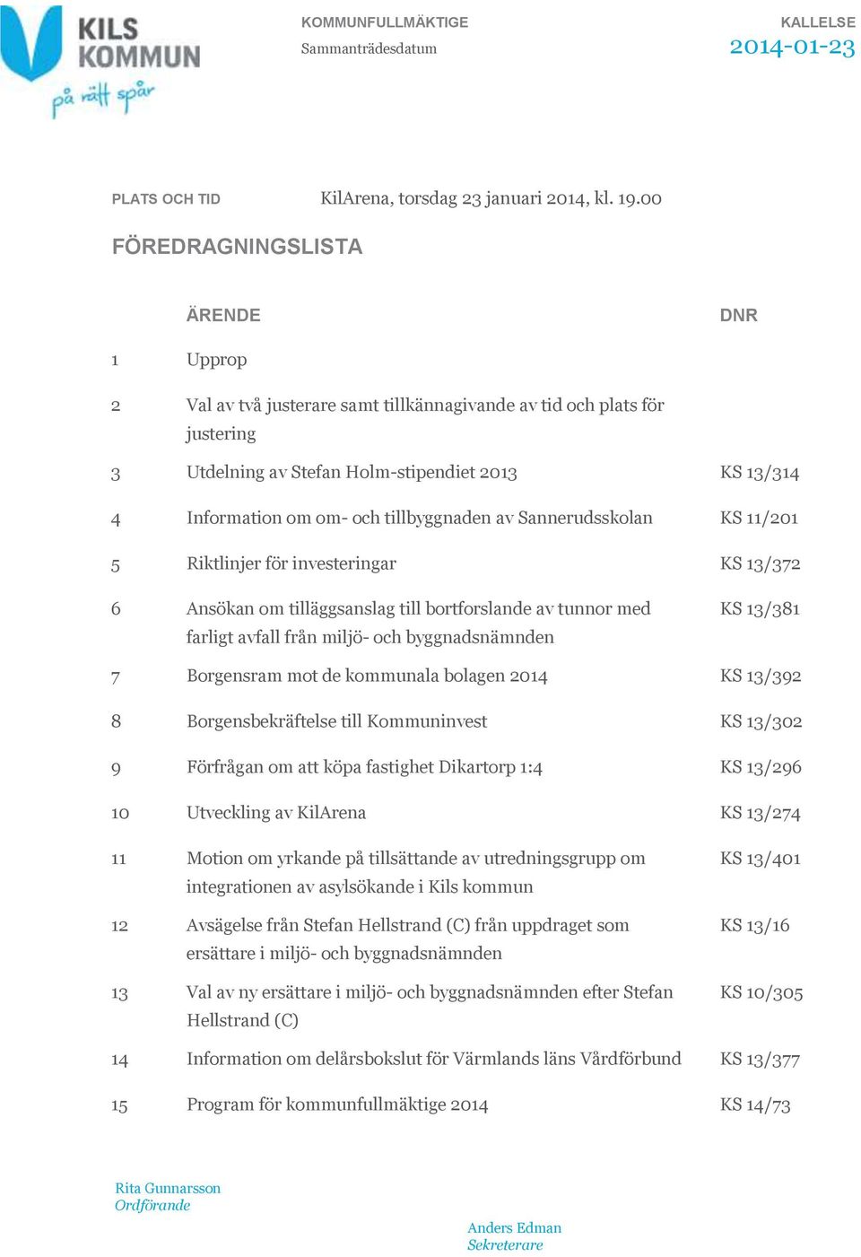 tillbyggnaden av Sannerudsskolan KS 11/201 5 Riktlinjer för investeringar KS 13/372 6 Ansökan om tilläggsanslag till bortforslande av tunnor med farligt avfall från miljö- och byggnadsnämnden KS