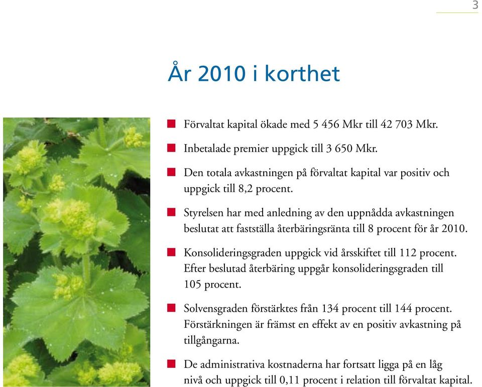 Styrelsen har med anledning av den uppnådda avkastningen beslutat att fastställa återbäringsränta till 8 procent för år 2010.