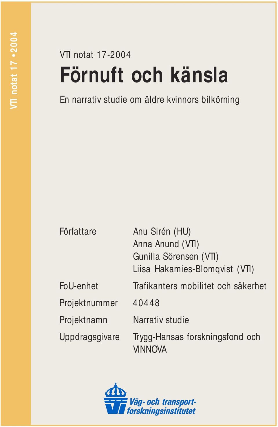 Uppdragsgivare Anu Sirén (HU) Anna Anund (VTI) Gunilla Sörensen (VTI) Liisa