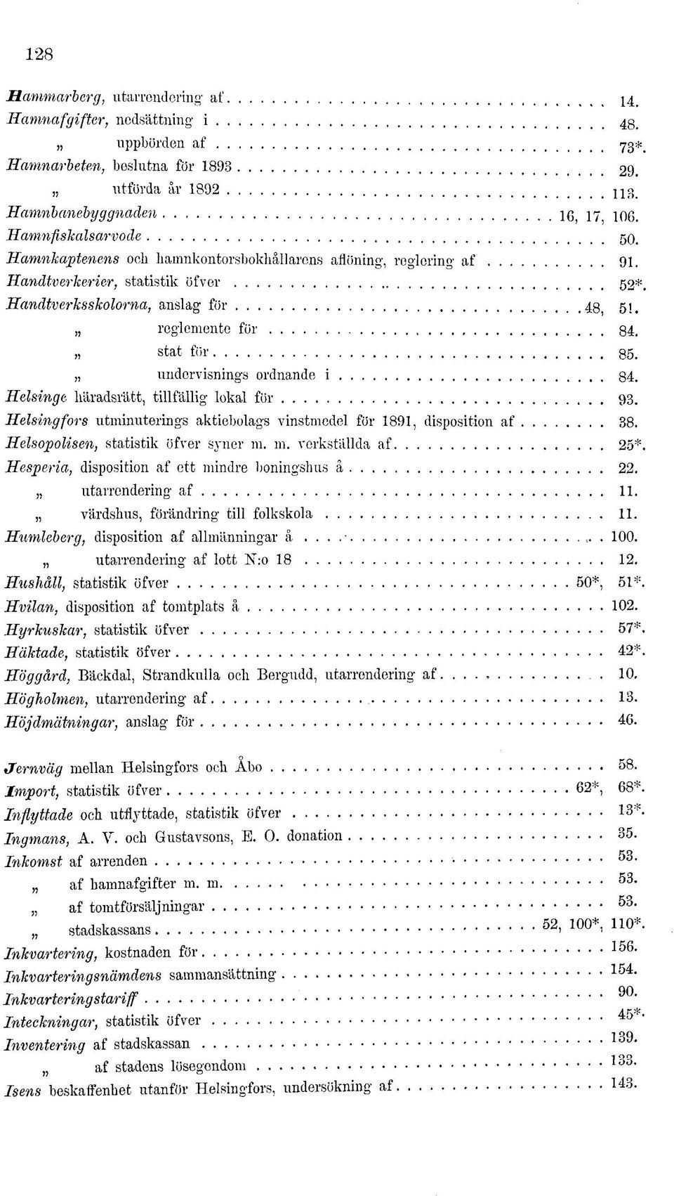 undervisnings ordnande i 84. Helsinge häradsrätt, tillfällig lokal för 93. Helsingfors utminuterings aktiebolags vinstmedel för 1891, disposition af 38. Helsopolisen, statistik öfver syner m.