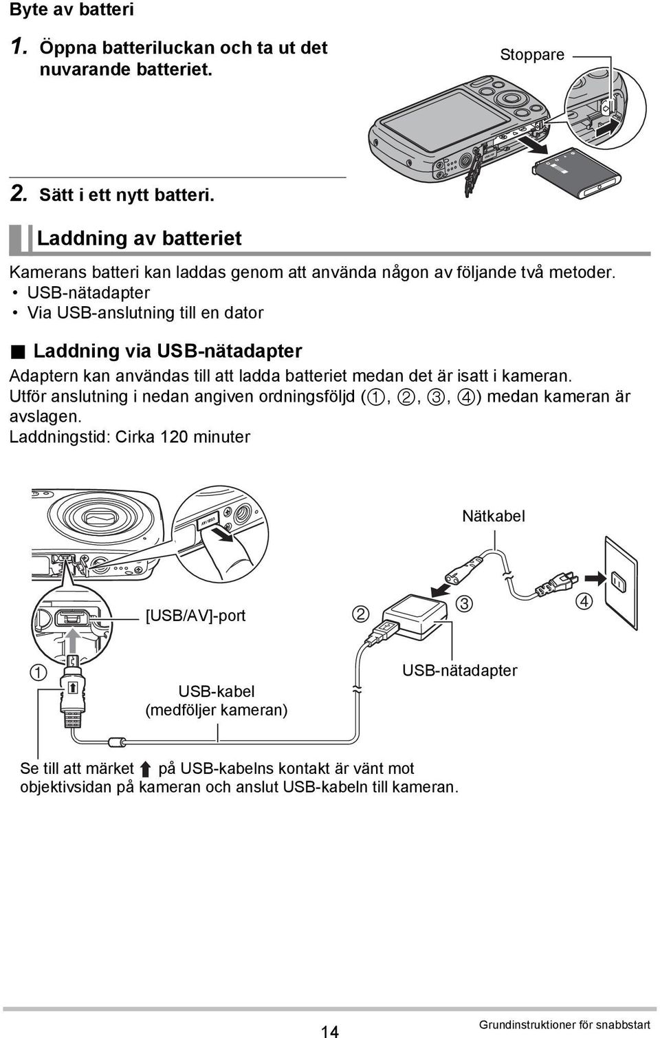 Laddning via USB-nätadapter Adaptern kan användas till att ladda batteriet medan det är isatt i kameran.