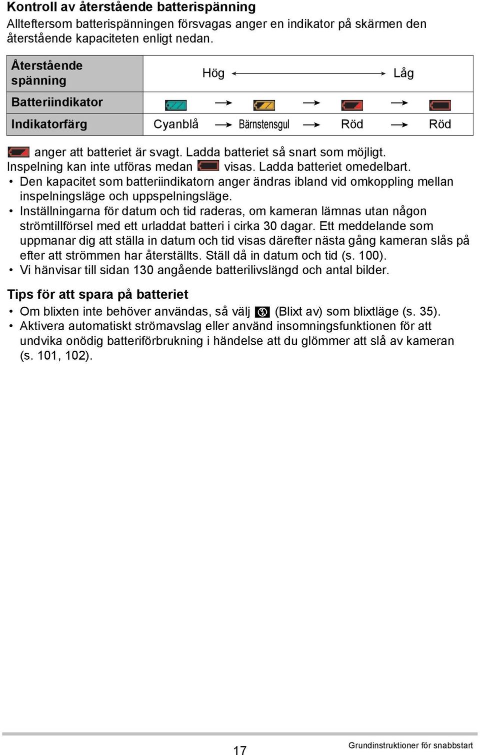 Inspelning kan inte utföras medan visas. Ladda batteriet omedelbart. Den kapacitet som batteriindikatorn anger ändras ibland vid omkoppling mellan inspelningsläge och uppspelningsläge.