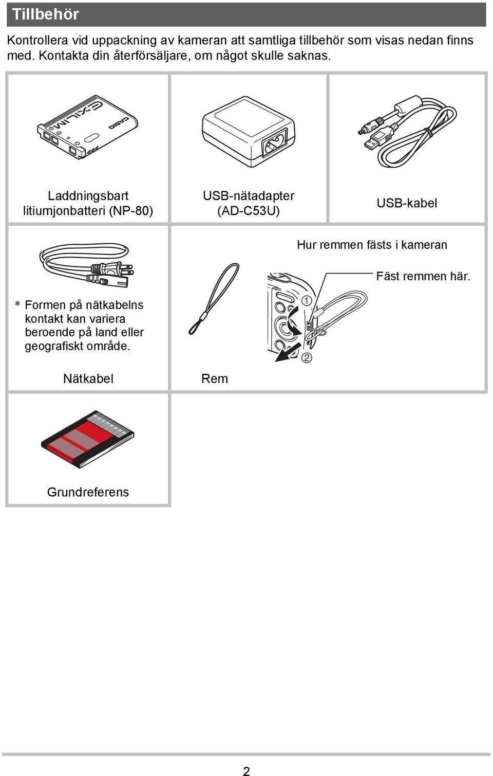 Laddningsbart litiumjonbatteri (NP-80) USB-nätadapter (AD-C53U) USB-kabel Hur remmen fästs i