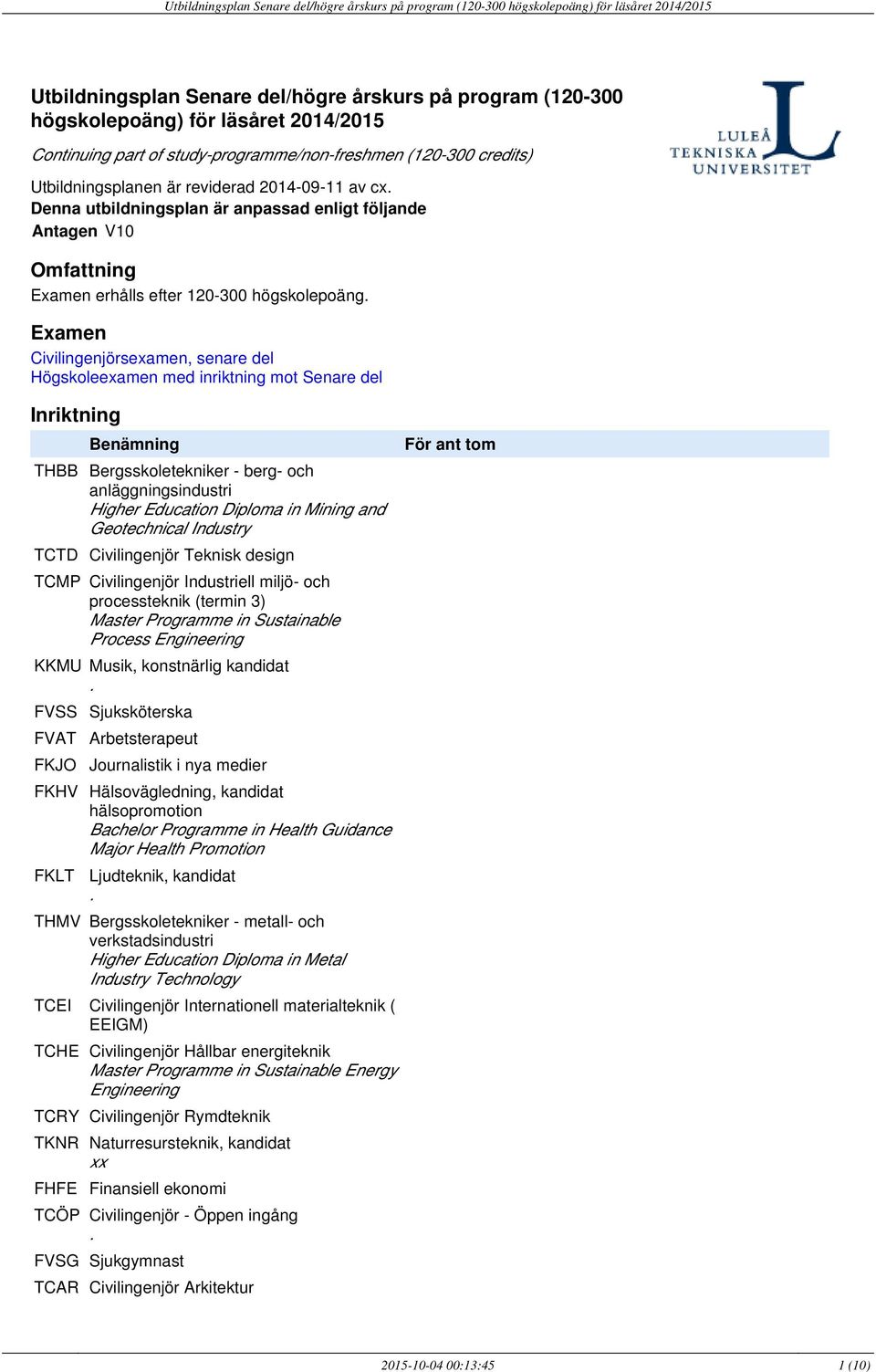 inriktning mot Senare del Inriktning Benämning THBB Bergsskoletekniker - berg- och anläggningsindustri Higher Education Diploma in Mining and Geotechnical Industry TCTD Civilingenjör Teknisk design