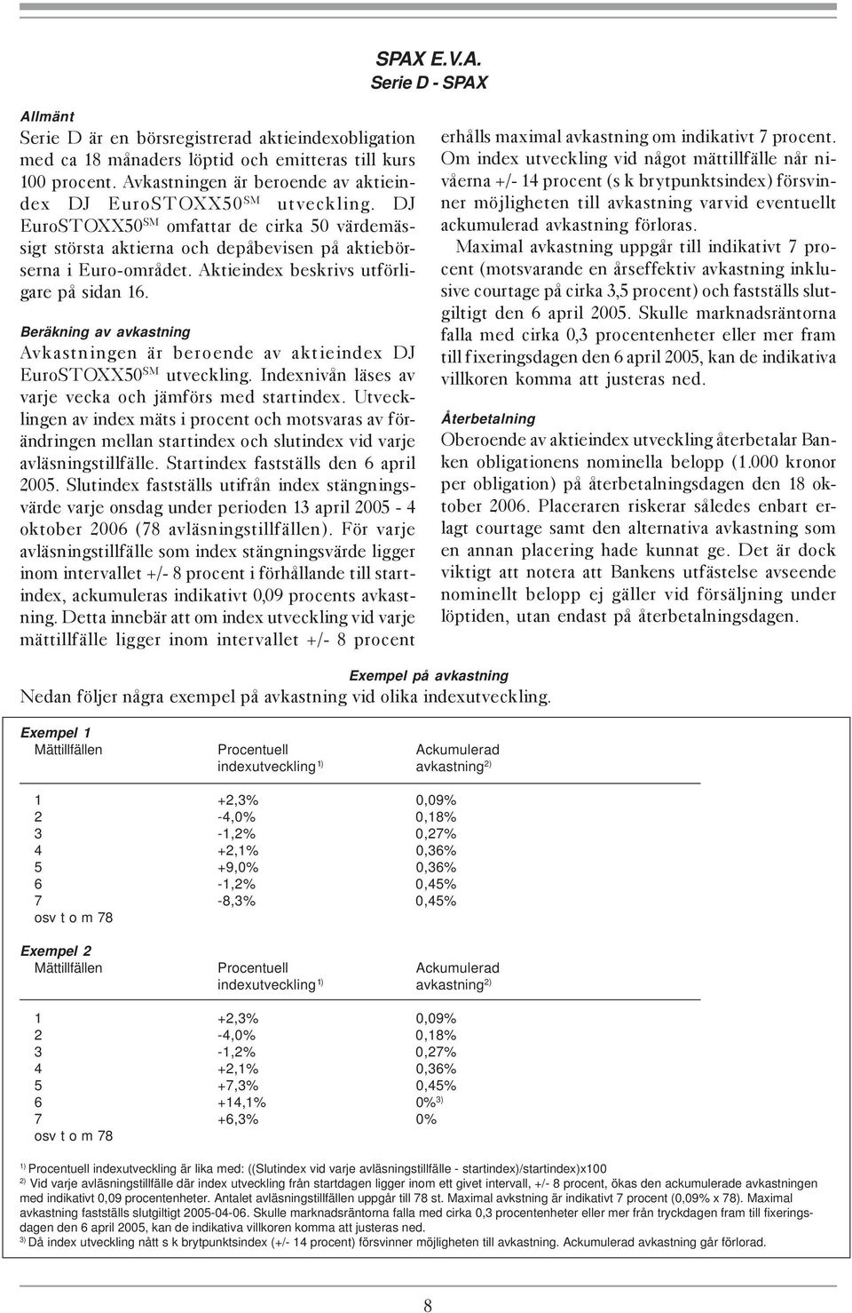 Aktieindex beskrivs utförligare på sidan 16. Beräkning av avkastning Avkastningen är beroende av aktieindex DJ EuroSTOXX50 SM utveckling. Indexnivån läses av varje vecka och jämförs med startindex.