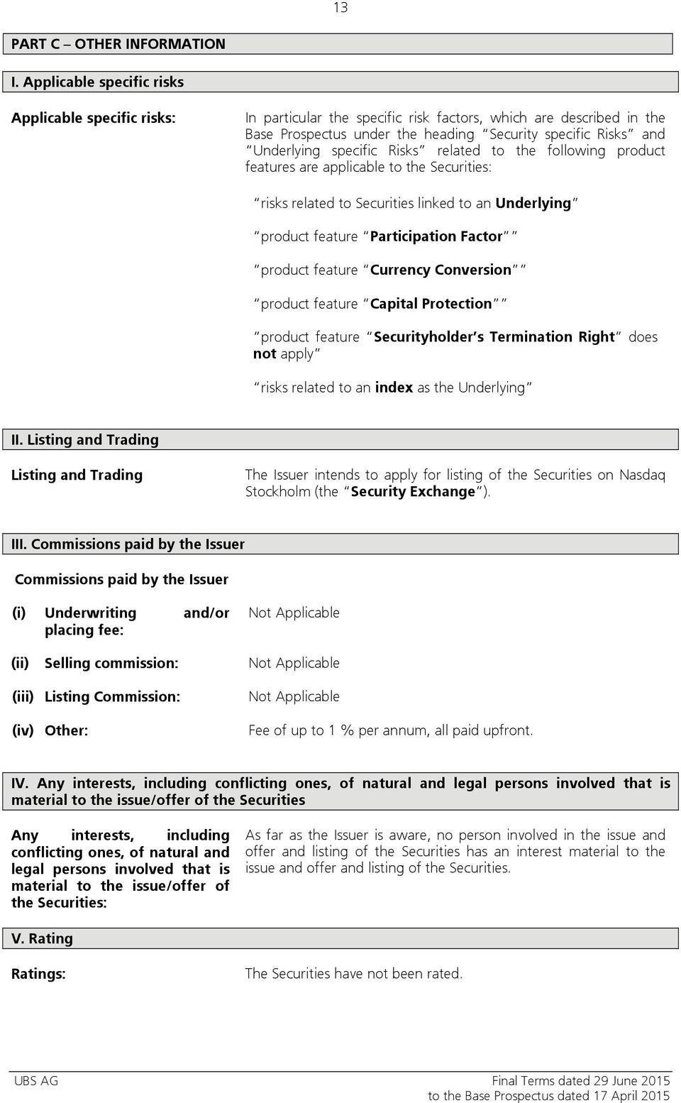 specific Risks related to the following product features are applicable to the Securities: risks related to Securities linked to an Underlying product feature Participation Factor product feature