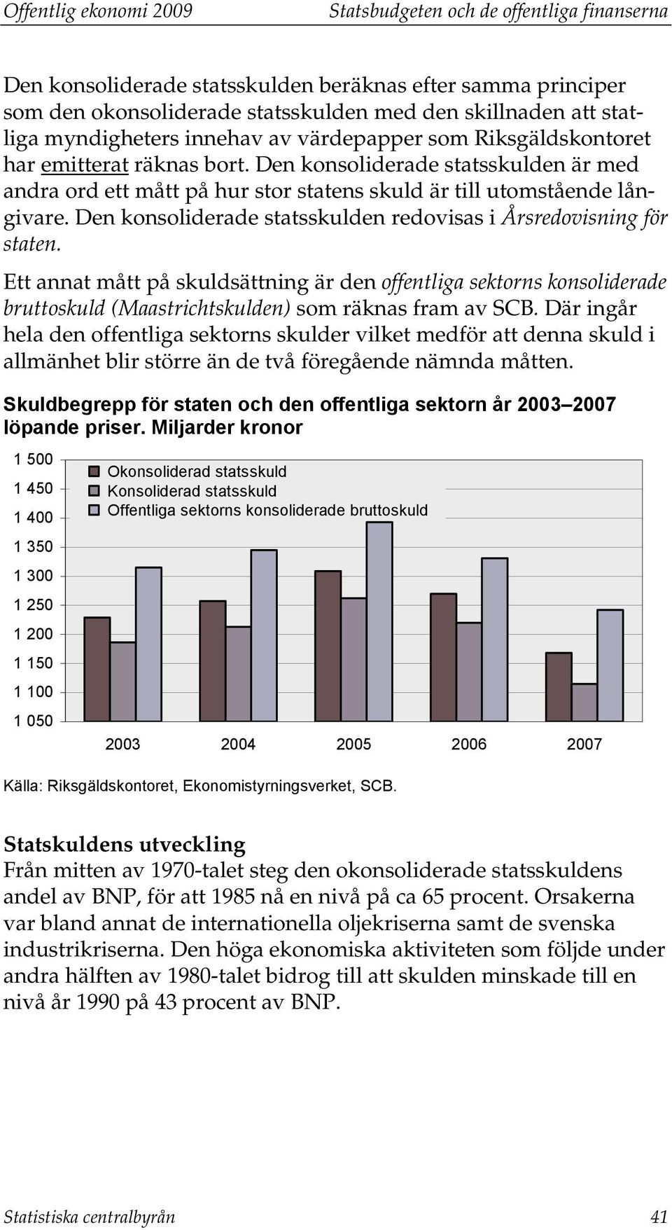 Den konsoliderade statsskulden redovisas i Årsredovisning för staten. Ett annat mått på skuldsättning är den offentliga sektorns konsoliderade bruttoskuld (Maastrichtskulden) som räknas fram av SCB.