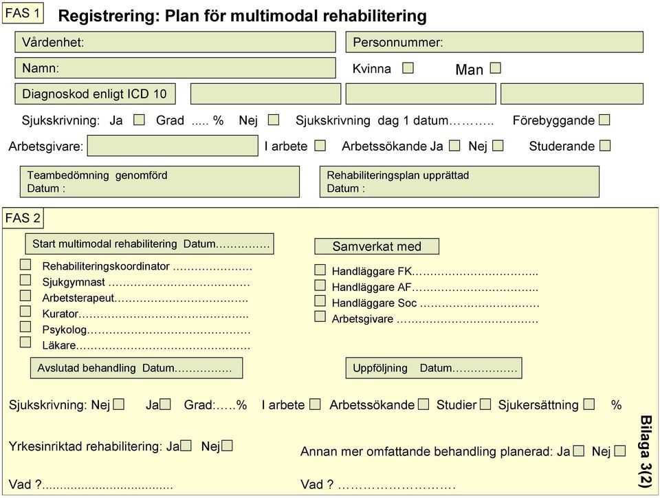 Rehabiliteringskoordinator. Sjukgymnast Arbetsterapeut. Kurator.. Psykolog Läkare Samverkat med Handläggare FK.. Handläggare AF.. Handläggare Soc Arbetsgivare Avslutad behandling Datum.