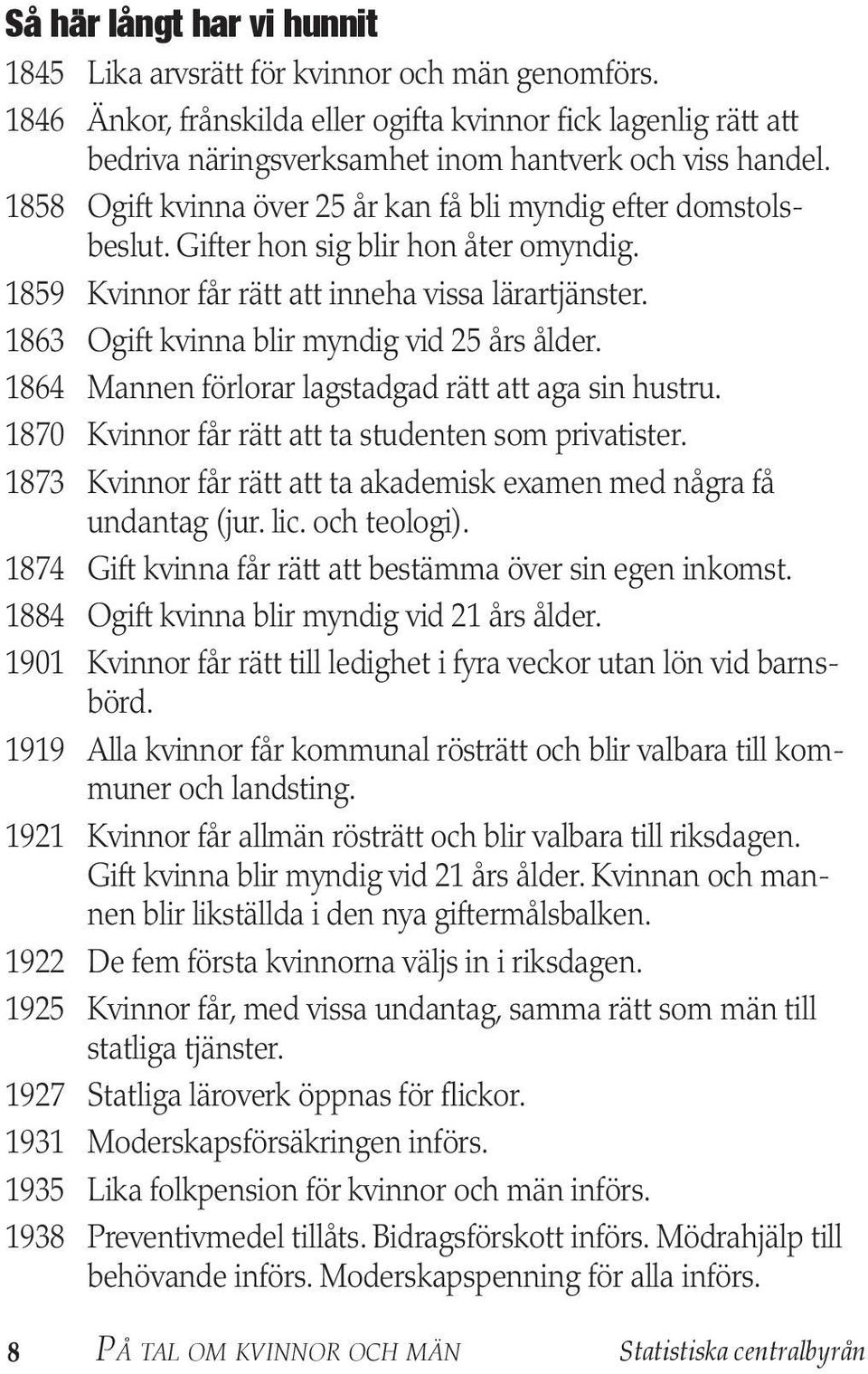 1863 Ogift kvinna blir myndig vid 25 års ålder. 1864 Mannen förlorar lagstadgad rätt att aga sin hustru. 187 Kvinnor får rätt att ta studenten som privatister.