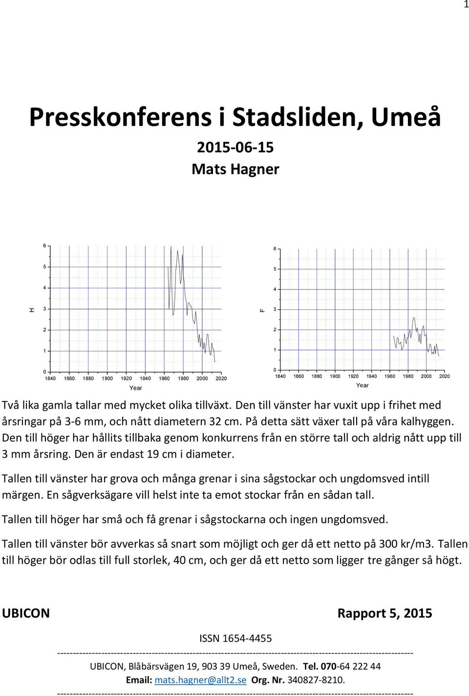 Den till höger har hållits tillbaka genom konkurrens från en större tall och aldrig nått upp till mm årsring. Den är endast 9 cm i diameter.