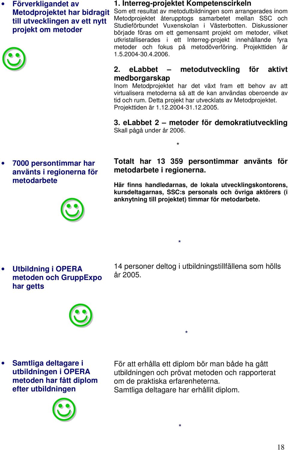 Diskussioner började föras om ett gemensamt projekt om metoder, vilket utkristalliserades i ett Interreg-projekt innehållande fyra metoder och fokus på metodöverföring. Projekttiden är 1.5.2004-30.4.2006.