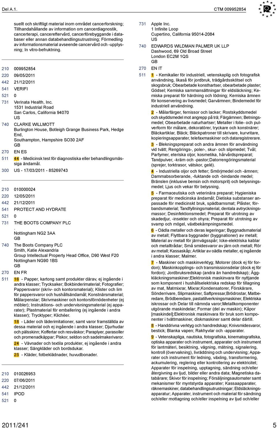 annan databehandlingsutrustning; Förmedling av informationsmaterial avseende cancervård och -upplysning; In vitro-befruktning. 9952854 9/5/211 VERIFI Verinata Health, Inc.