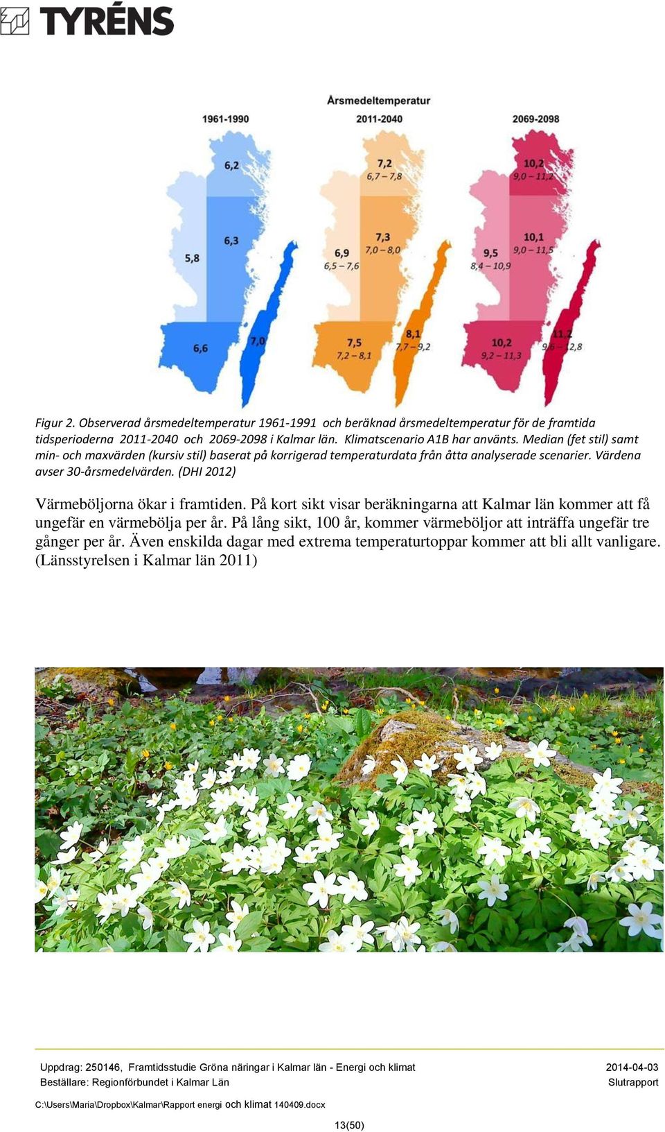 Värdena avser 30-årsmedelvärden. (DHI 2012) Värmeböljorna ökar i framtiden. På kort sikt visar beräkningarna att Kalmar län kommer att få ungefär en värmebölja per år.