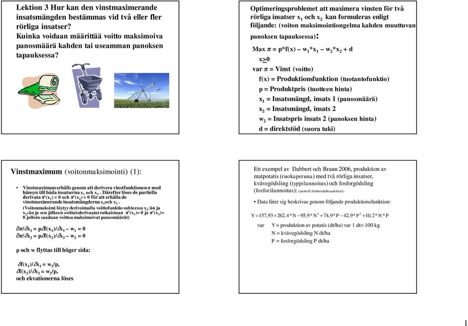 Max π = p*f(x) w 1 *x 1 w 2 *x 2 + d x>0 var π = Vinst (voitto) f(x) = Produktionsfunktion (tuotantofunktio) p = Produktpris (tuotteen hinta) x 1 = Insatsmängd, insats 1 (panosmäärä) x 2 =