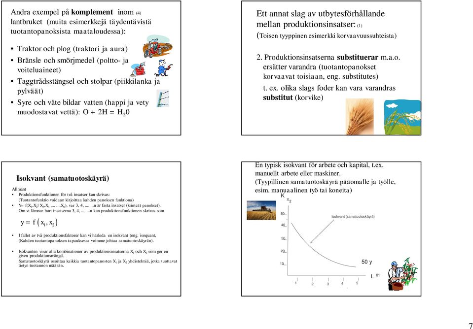 produktionsinsatser: (1) (Toisen tyyppinen esimerkki korvaavuussuhteista) 2. Produktionsinsatserna substituerar m.a.o. ersätter varandra (tuotantopanokset korvaavat toisiaan, eng. substitutes) t. ex.