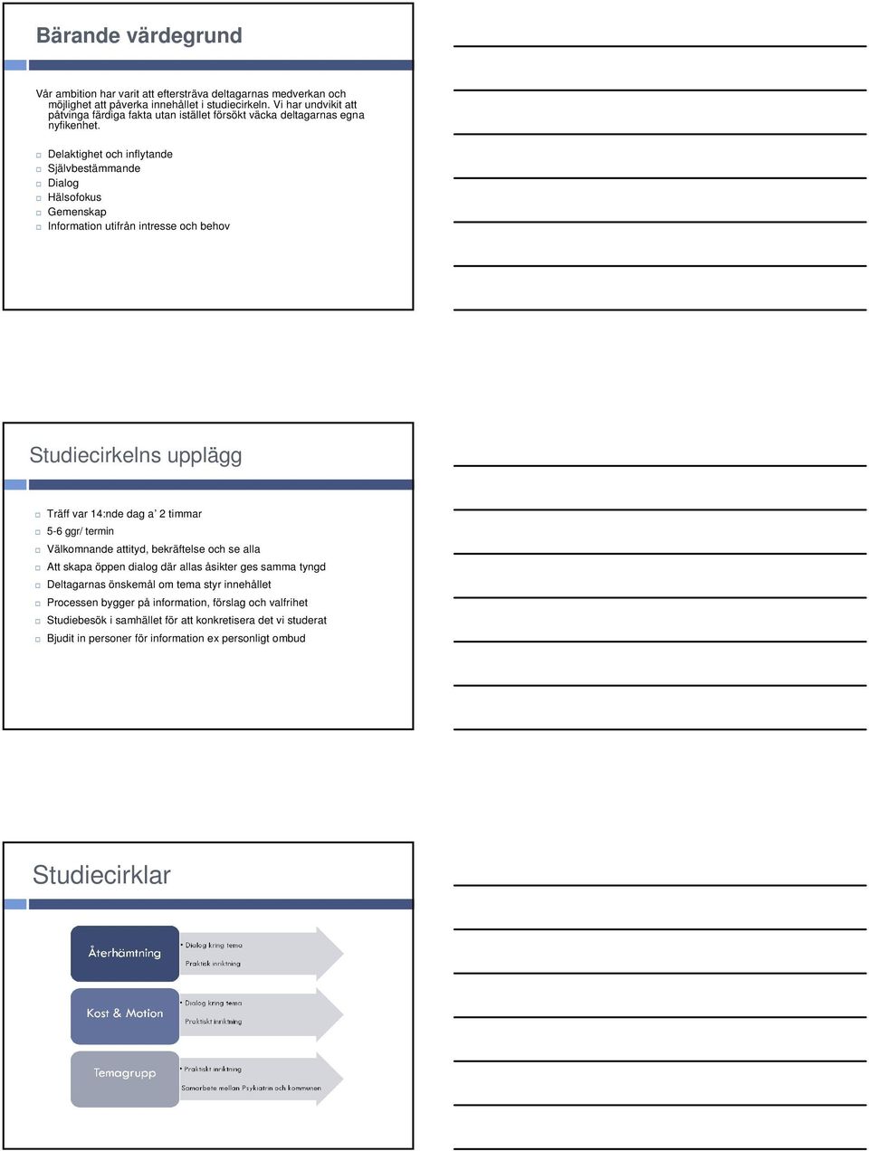 Delaktighet och inflytande Självbestämmande Dialog Hälsofokus Gemenskap Information utifrån intresse och behov Studiecirkelns upplägg Träff var 14:nde dag a 2 timmar 5-6 ggr/ termin