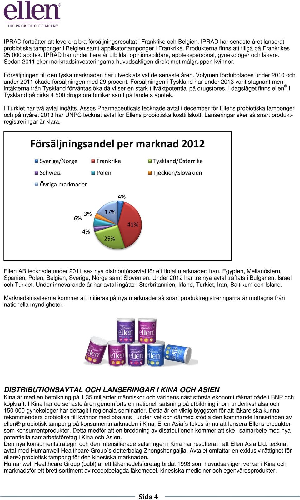 Sedan 2011 sker marknadsinvesteringarna huvudsakligen direkt mot målgruppen kvinnor. Försäljningen till den tyska marknaden har utvecklats väl de senaste åren.