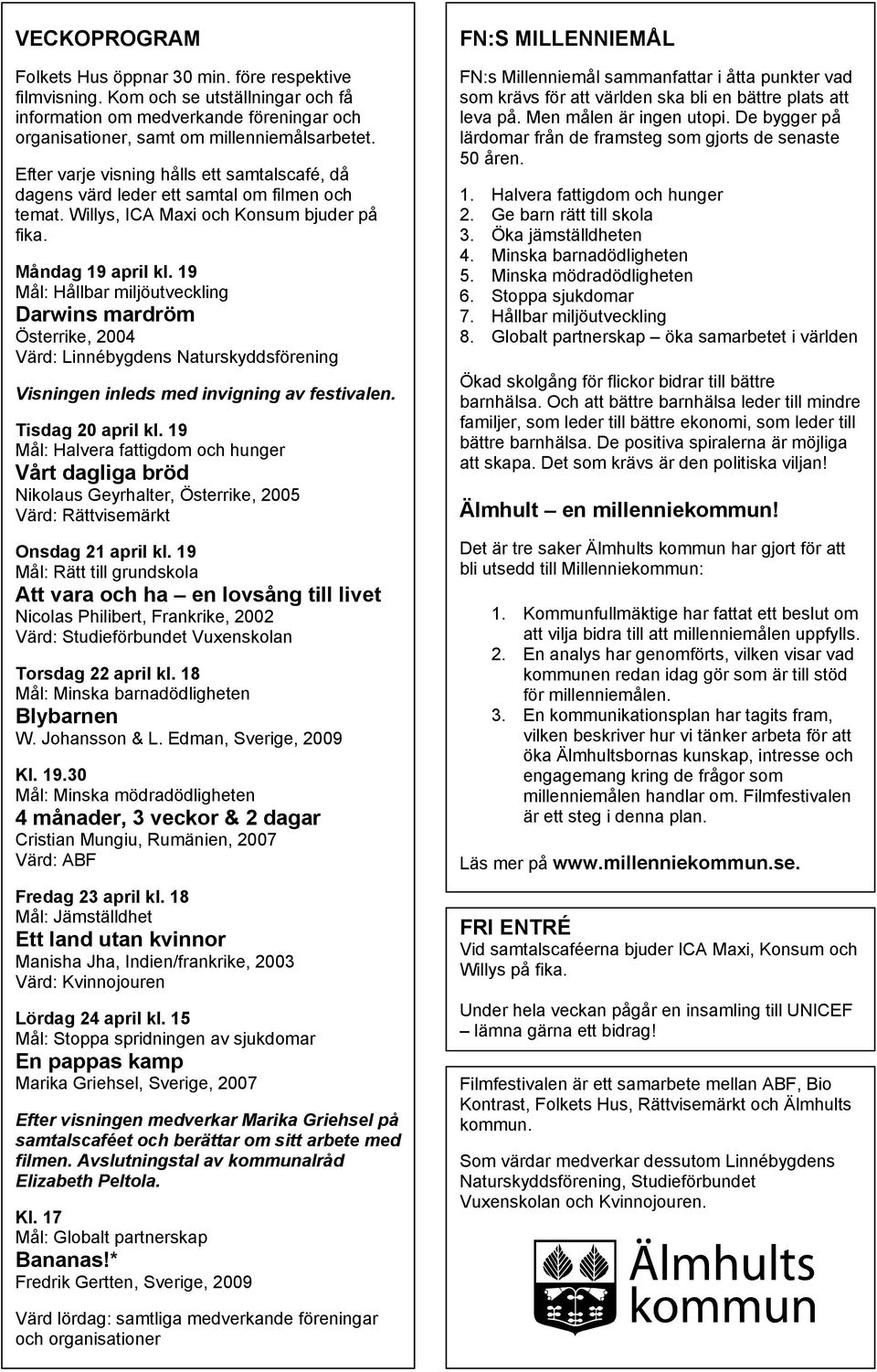 19 Mål: Hållbar miljöutveckling Darwins mardröm Österrike, 2004 Värd: Linnébygdens Naturskyddsförening Visningen inleds med invigning av festivalen. Tisdag 20 april kl.