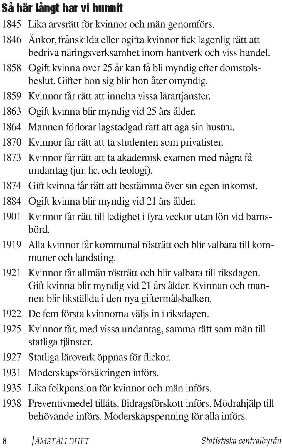 1863 Ogift kvinna blir myndig vid 25 års ålder. 1864 Mannen förlorar lagstadgad rätt att aga sin hustru. 1870 Kvinnor får rätt att ta studenten som privatister.