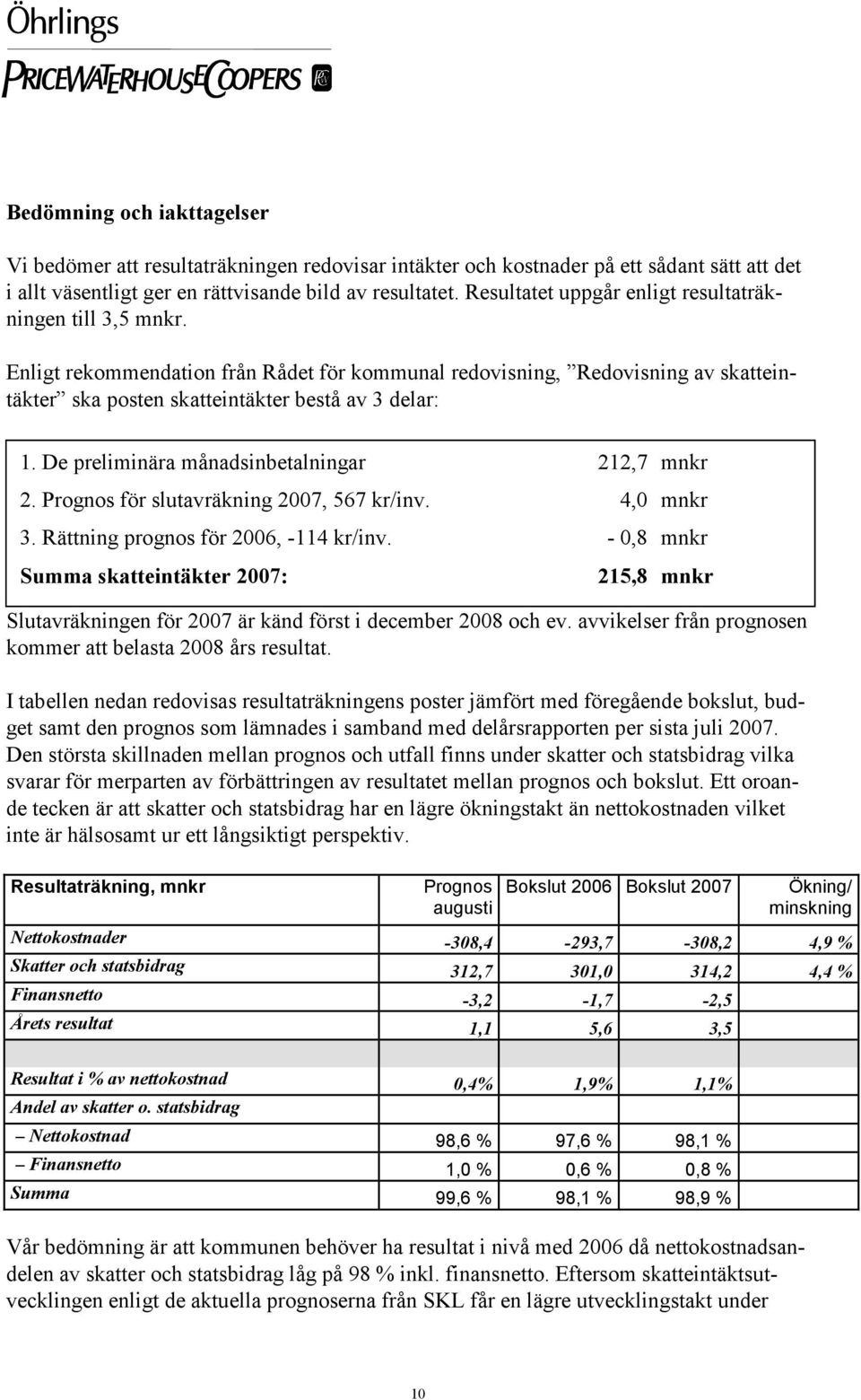 De preliminära månadsinbetalningar 212,7 mnkr 2. Prognos för slutavräkning 2007, 567 kr/inv. 4,0 mnkr 3. Rättning prognos för 2006, -114 kr/inv.