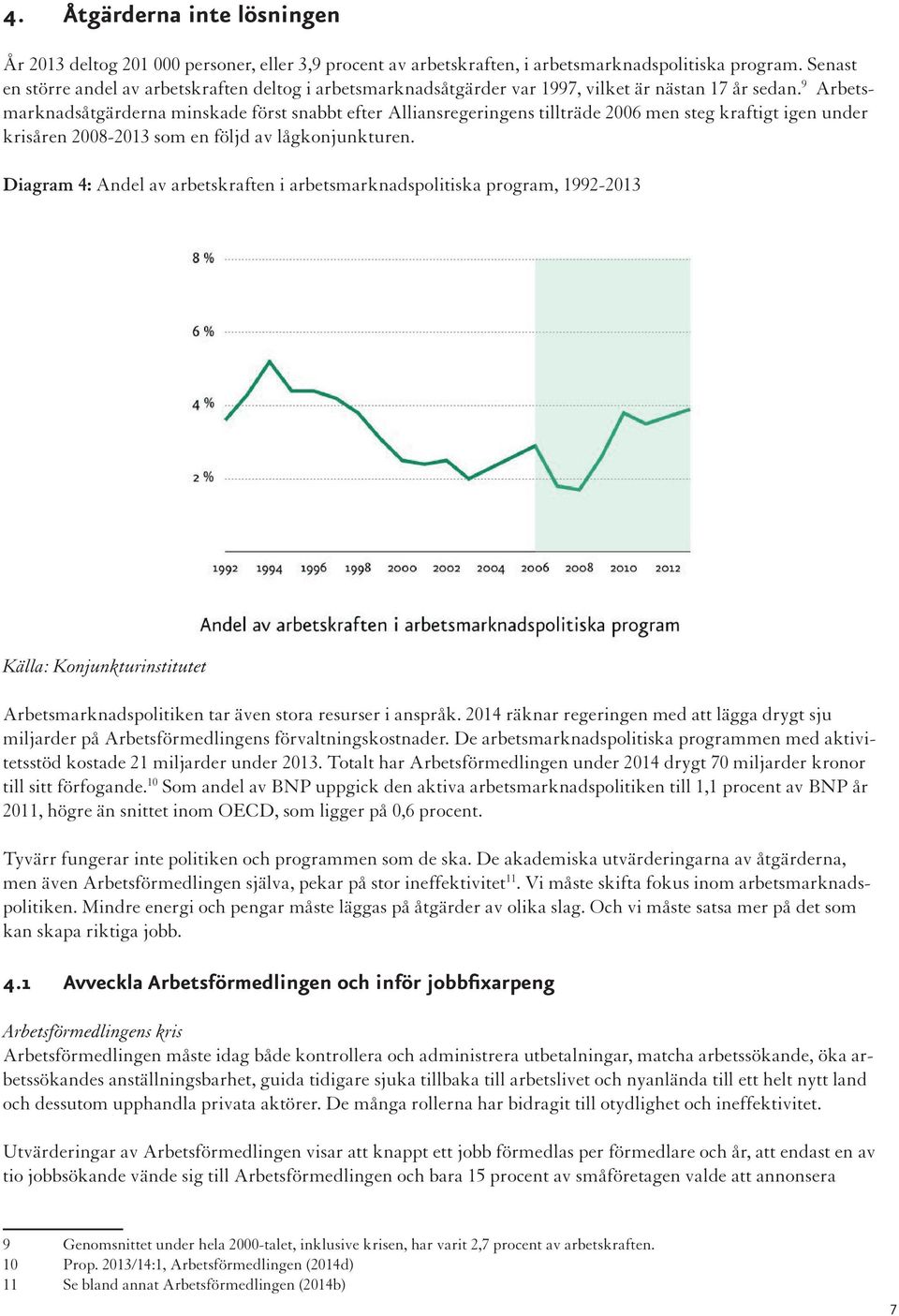 9 Arbetsmarknadsåtgärderna minskade först snabbt efter Alliansregeringens tillträde 2006 men steg kraftigt igen under krisåren 2008-2013 som en följd av lågkonjunkturen.