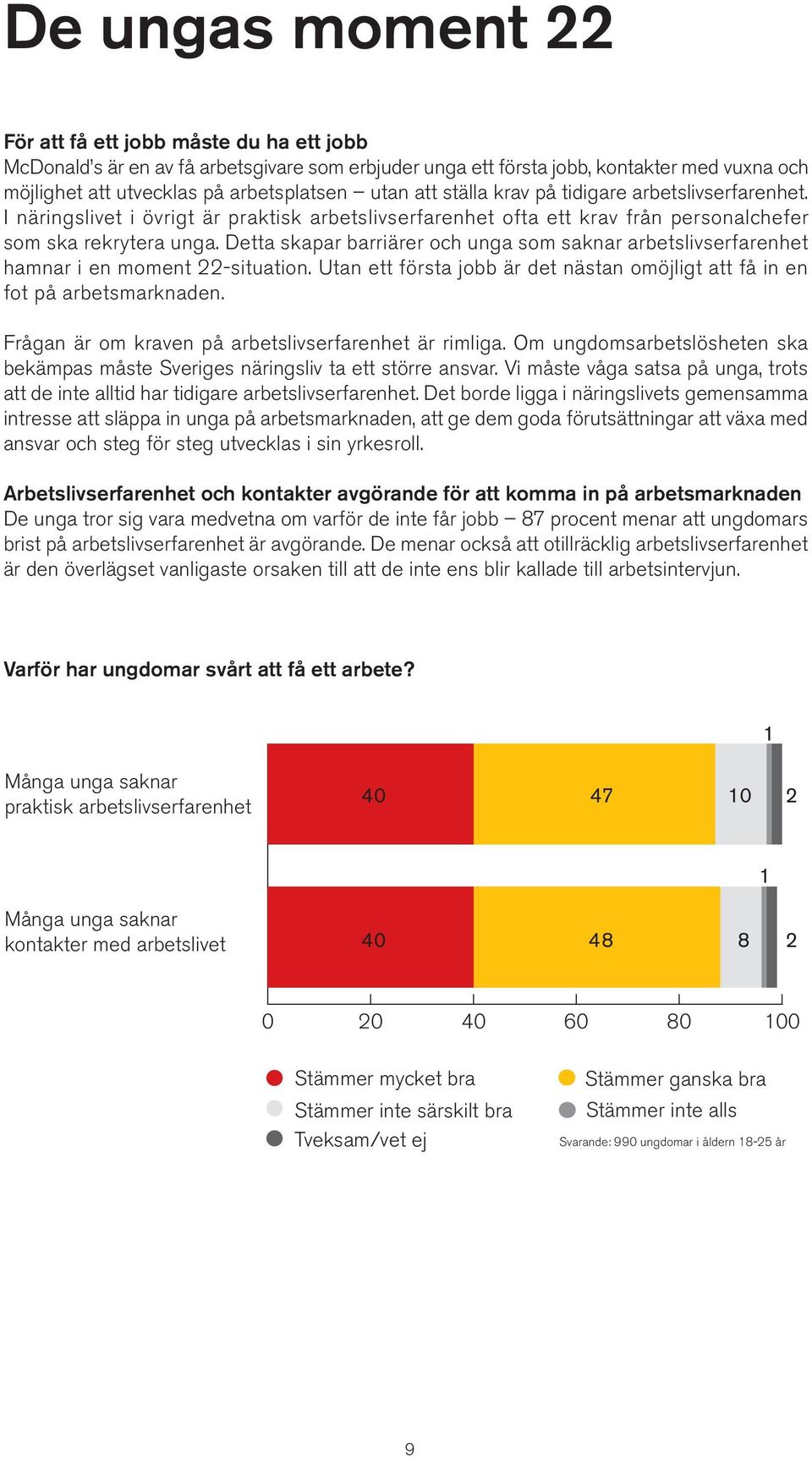 Detta skapar barriärer och unga som saknar arbetslivserfarenhet hamnar i en moment 22-situation. Utan ett första jobb är det nästan omöjligt att få in en fot på arbetsmarknaden.