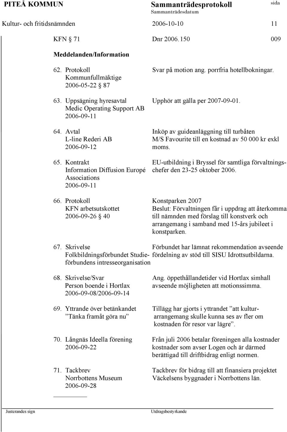 Avtal Inköp av guideanläggning till turbåten L-line Rederi AB M/S Favourite till en kostnad av 50 000 kr exkl 2006-09-12 moms. 65.