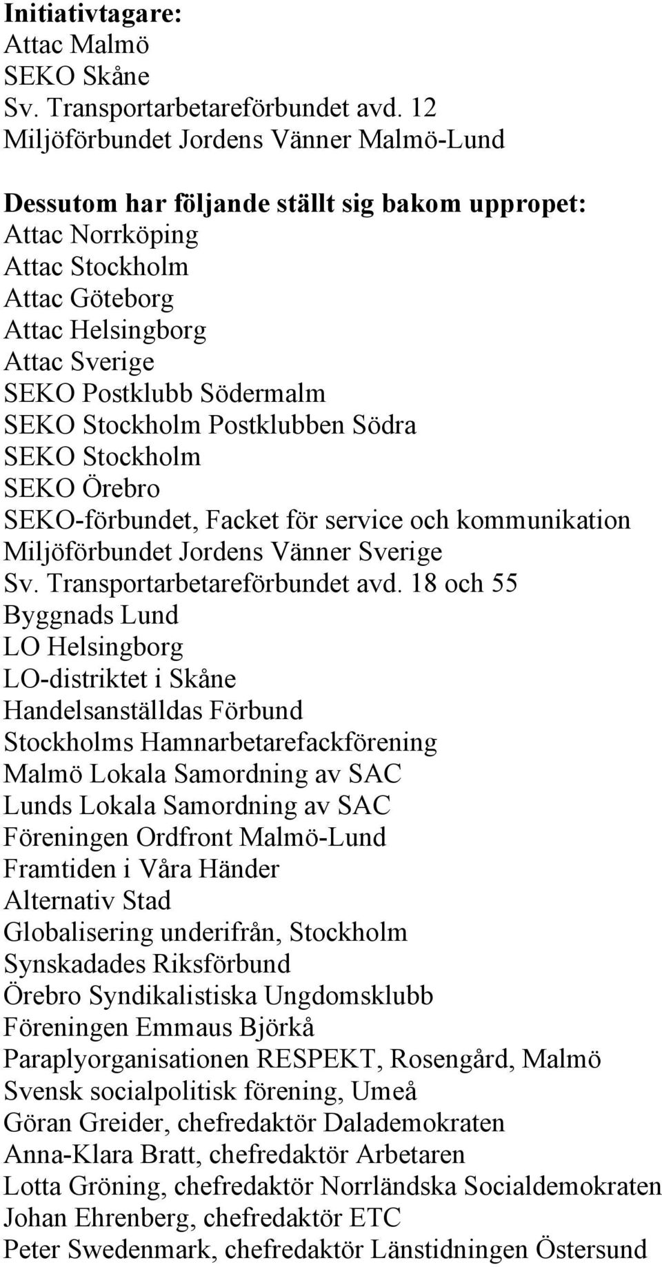 SEKO Stockholm Postklubben Södra SEKO Stockholm SEKO Örebro SEKO-förbundet, Facket för service och kommunikation Miljöförbundet Jordens Vänner Sverige Sv. Transportarbetareförbundet avd.