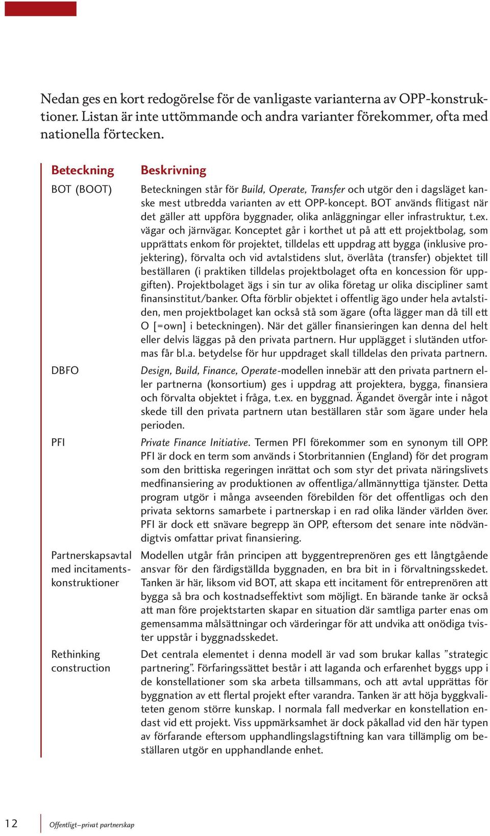 utbredda varianten av ett OPP-koncept. BOT används flitigast när det gäller att uppföra byggnader, olika anläggningar eller infrastruktur, t.ex. vägar och järnvägar.