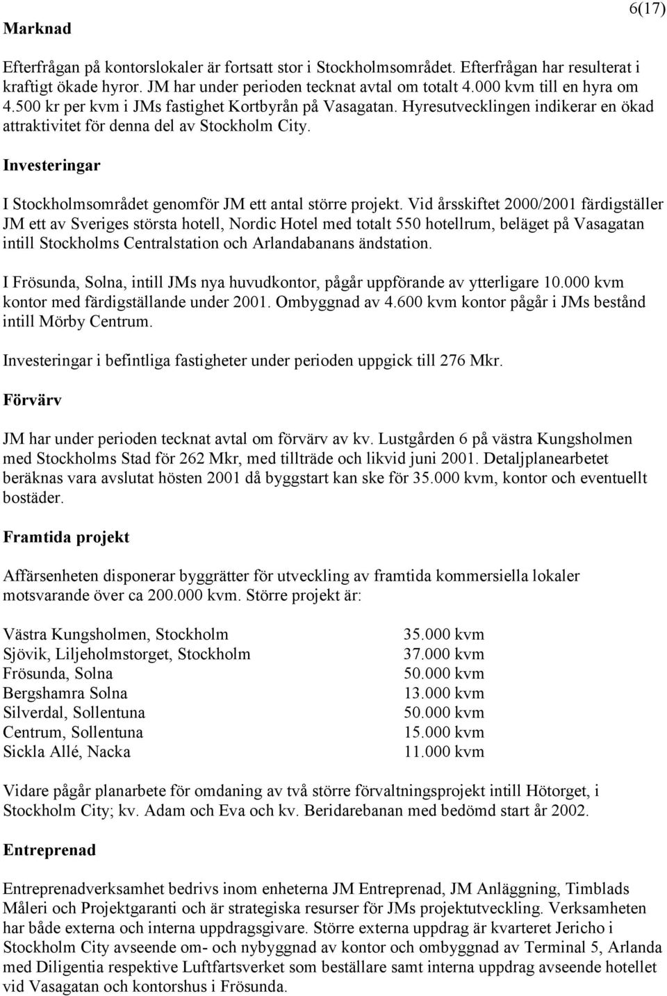 Investeringar I Stockholmsområdet genomför JM ett antal större projekt.