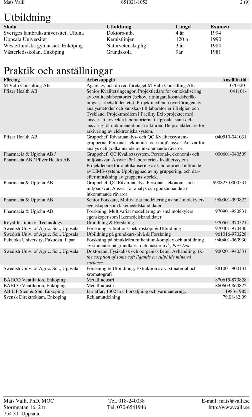 Arbetsuppgift Anställn.tid M Valli Consulting AB Ägare av, och driver, företaget M Valli Consulting AB. 070320- Pfizer Health AB Senior Kvalitetsingengör.