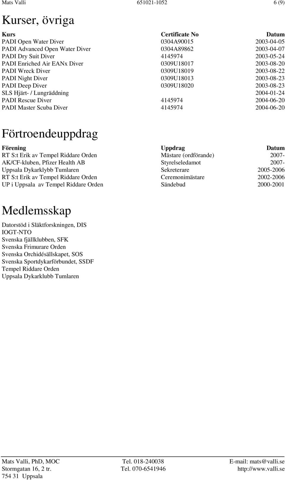 Lungräddning 2004-01-24 PADI Rescue Diver 4145974 2004-06-20 PADI Master Scuba Diver 4145974 2004-06-20 Förtroendeuppdrag Förening Uppdrag Datum RT S:t Erik av Tempel Riddare Orden Mästare