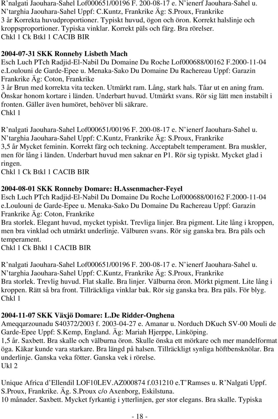 Chkl 1 Ck Btkl 1 CACIB BIR 2004-07-31 SKK Ronneby Lisbeth Mach Esch Luch PTch Radjid-El-Nabil Du Domaine Du Roche Lof000688/00162 F.2000-11-04 e.loulouni de Garde-Epee u.