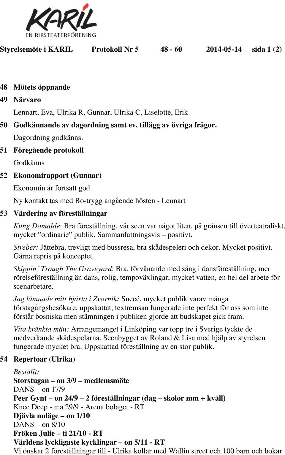 Ny kontakt tas med Bo-trygg angående hösten - Lennart 53 Värdering av föreställningar Kung Domalde: Bra föreställning, vår scen var något liten, på gränsen till överteatraliskt, mycket ordinarie