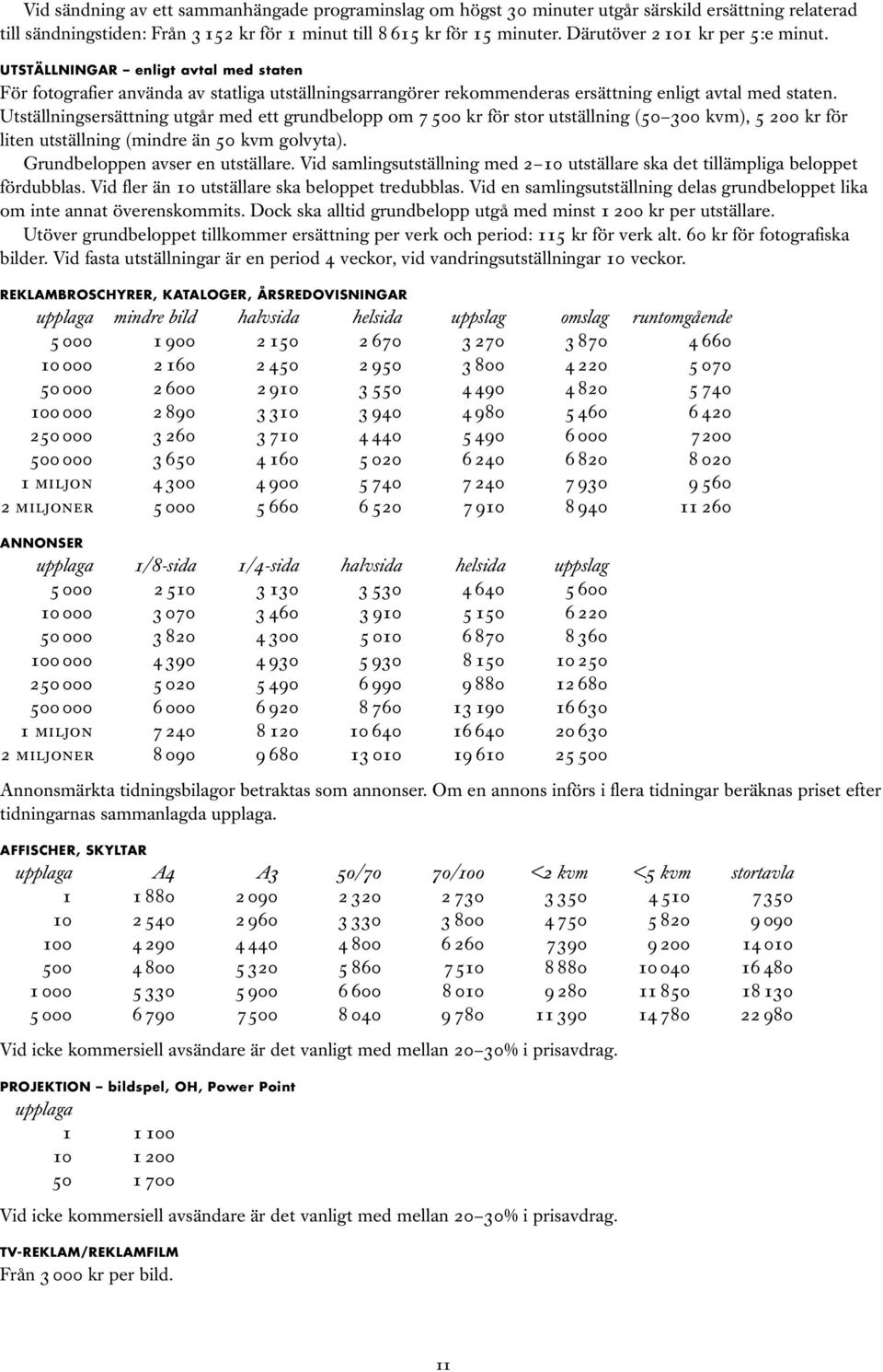 Utställningsersättning utgår med ett grundbelopp om 7 500 kr för stor utställning (50 300 kvm), 5 200 kr för liten utställning (mindre än 50 kvm golvyta). Grundbeloppen avser en utställare.