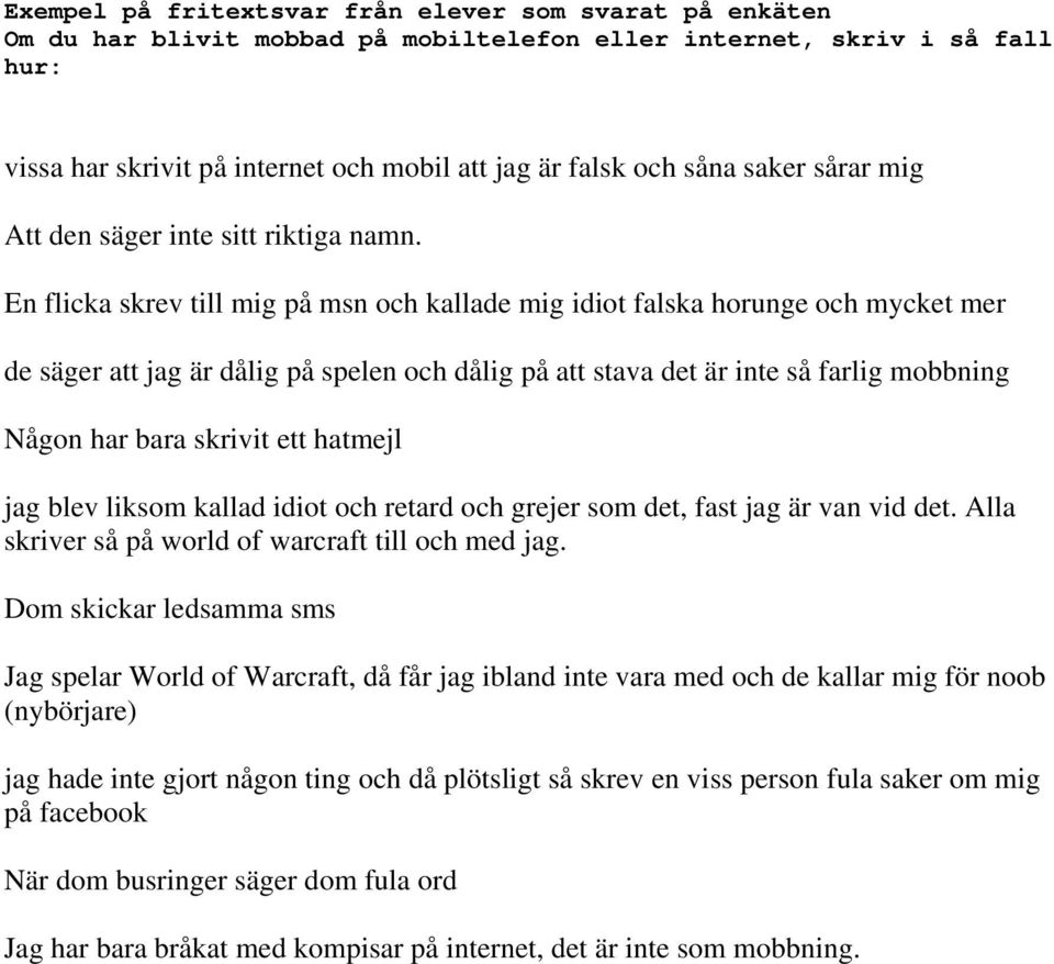 En flicka skrev till mig på msn och kallade mig idiot falska horunge och mycket mer de säger att jag är dålig på spelen och dålig på att stava det är inte så farlig mobbning Någon har bara skrivit