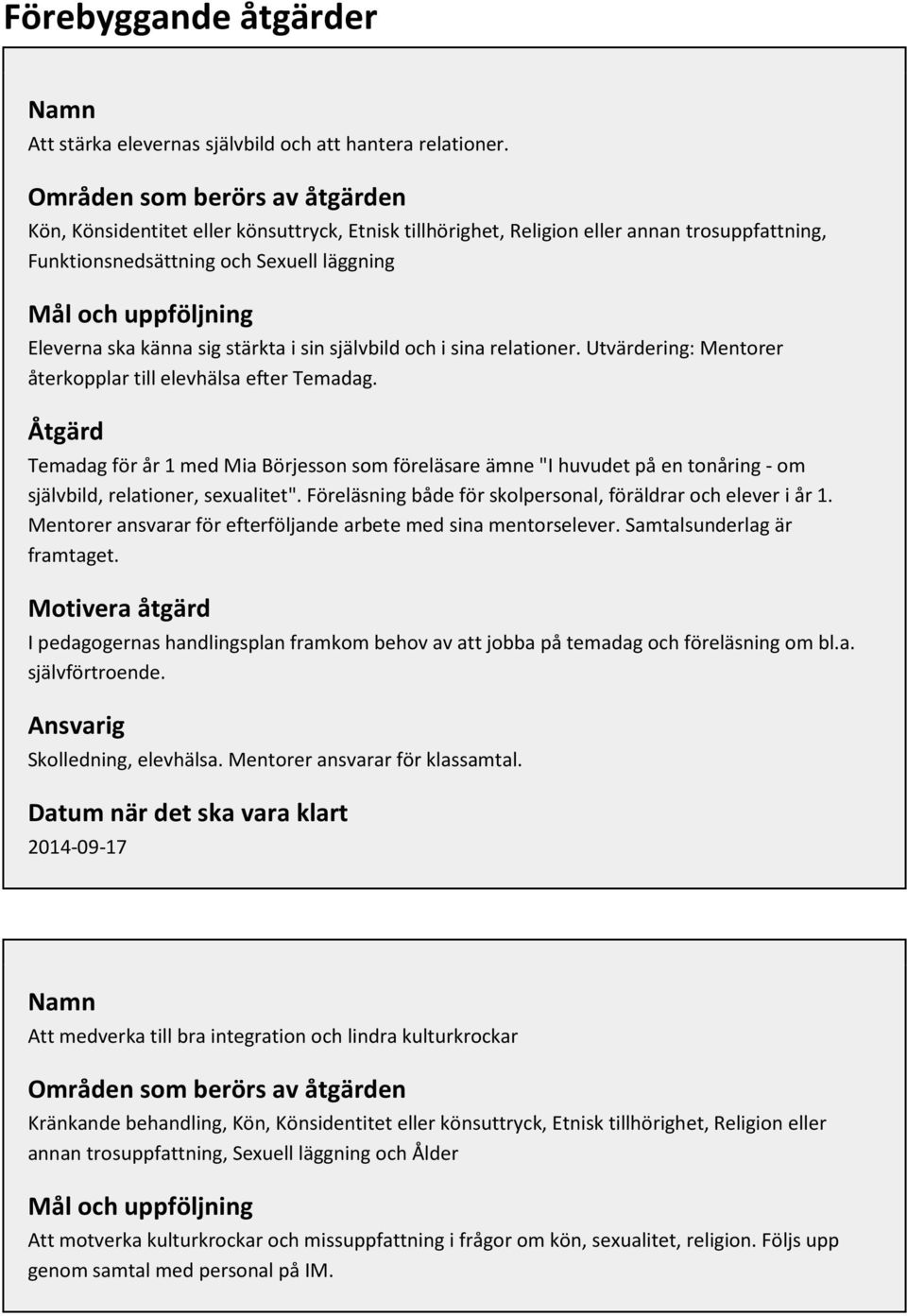 ska känna sig stärkta i sin självbild och i sina relationer. Utvärdering: Mentorer återkopplar till elevhälsa efter Temadag.