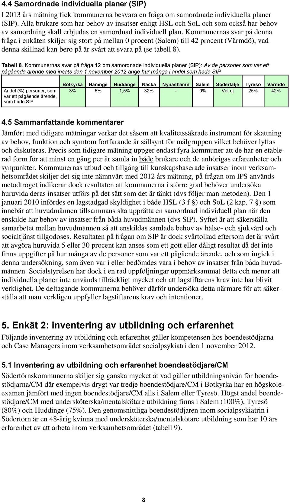 Kommunernas svar på denna fråga i enkäten skiljer sig stort på mellan 0 procent (Salem) till 42 procent (Värmdö), vad denna skillnad kan bero på är svårt att svara på (se tabell 8). Tabell 8.