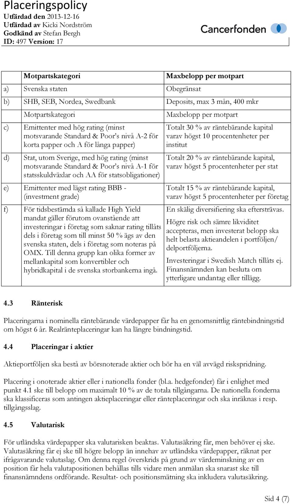 Emittenter med lägst rating BBB - investment grade) f) För tidsbestämda så kallade High Yield mandat gäller förutom ovanstående att investeringar i företag som saknar rating tillåts dels i företag